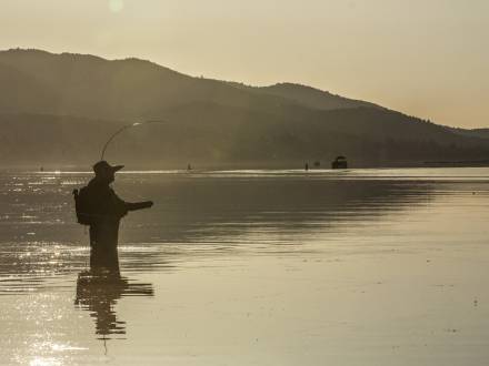 Ein watender Angler wartet geduldig auf seinen Fang am Big Bear Lake