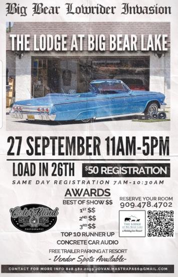 Ein digitaler Flyer für die Lowrider Invasion Car 2025 Autoshow, es gibt ein Bild von blauen Lowrider in der Nähe des oberen Randes.