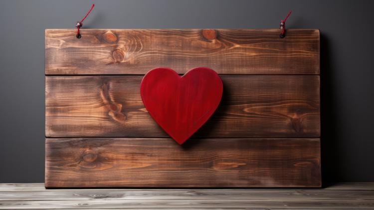 Ein rotes Herz, das auf ein Holzschild geklebt wurde, um ein Bild zum Thema Valentinstag zu gestalten.