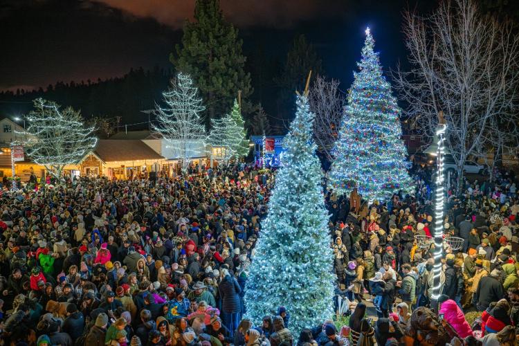 Eine große Schar warm eingepackter Menschen umringt die mit Lichtern geschmückten Bäume bei der Weihnachtsbaumbeleuchtungszeremonie im Dorf