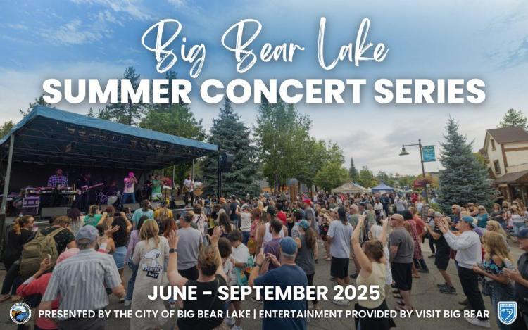 Ein digitaler Flyer für die Big Bear Lake Summer Concert Series. Eine große Menschenmenge versammelt sich vor einer Band, die auf der Bühne spielt.