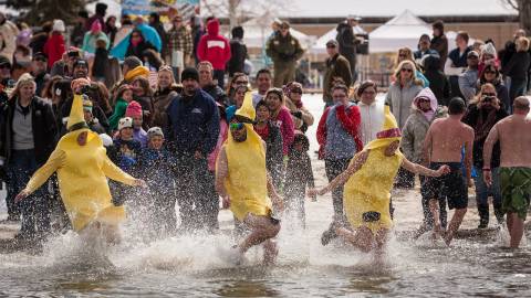 Ein Team in Bananenkostümen stürzt sich beim Polar Plunge in Big Bear ins Wasser
