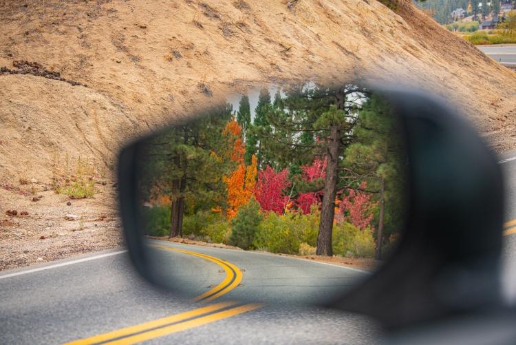 Ein Foto, das den Seitenspiegel eines Autos nutzt, der Spiegel zeigt den Hintergrund der schönen Herbstblätter auf den Bäumen