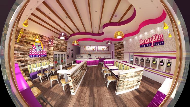 Ein Fischaugenbild des Beary Bliss Frozen Yoghurt Shop in Big Bear Lake, CA. Die Inneneinrichtung umfasst rosa Streifen und Beleuchtung.